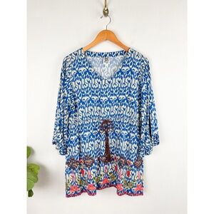 Ivy Jane Blue Embroidered Peasant Tunic Blouse Top L